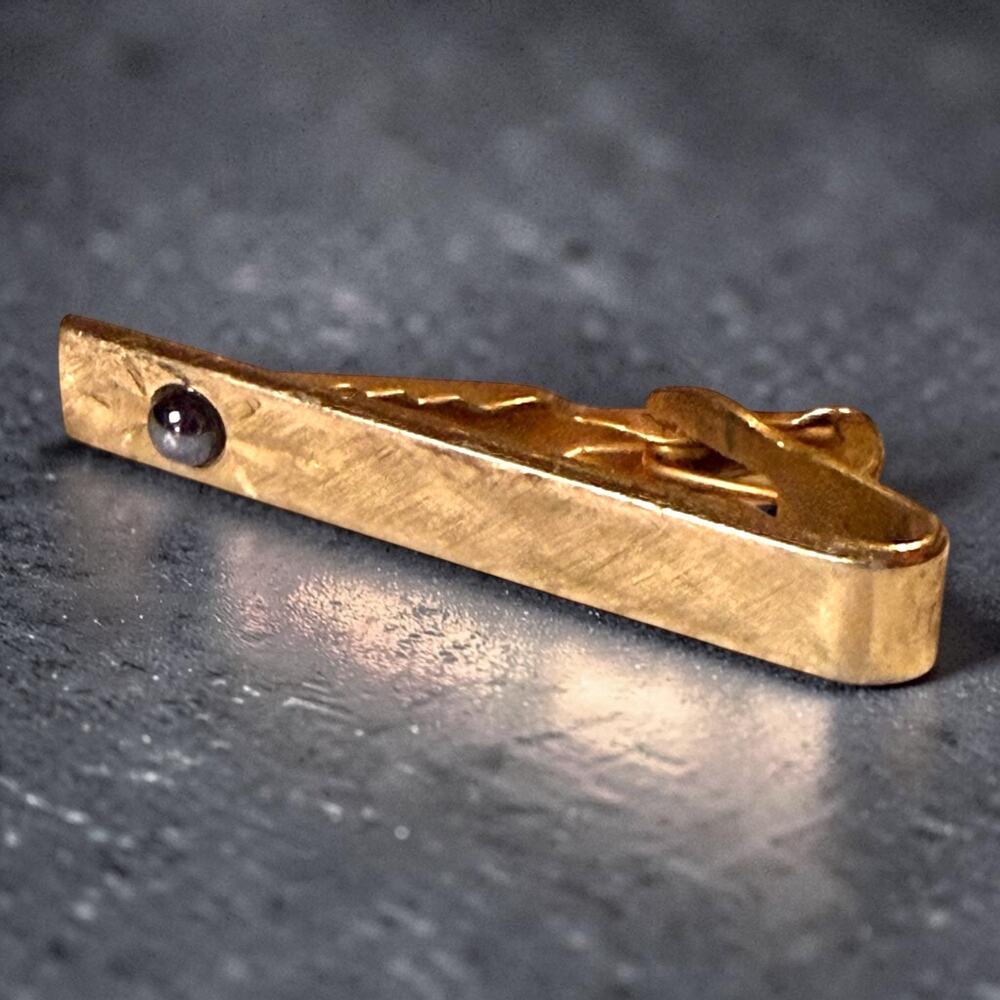 Vintage Shields Tie Clip Mens Gold Tone Black Glass Cabochon Brushed MCM